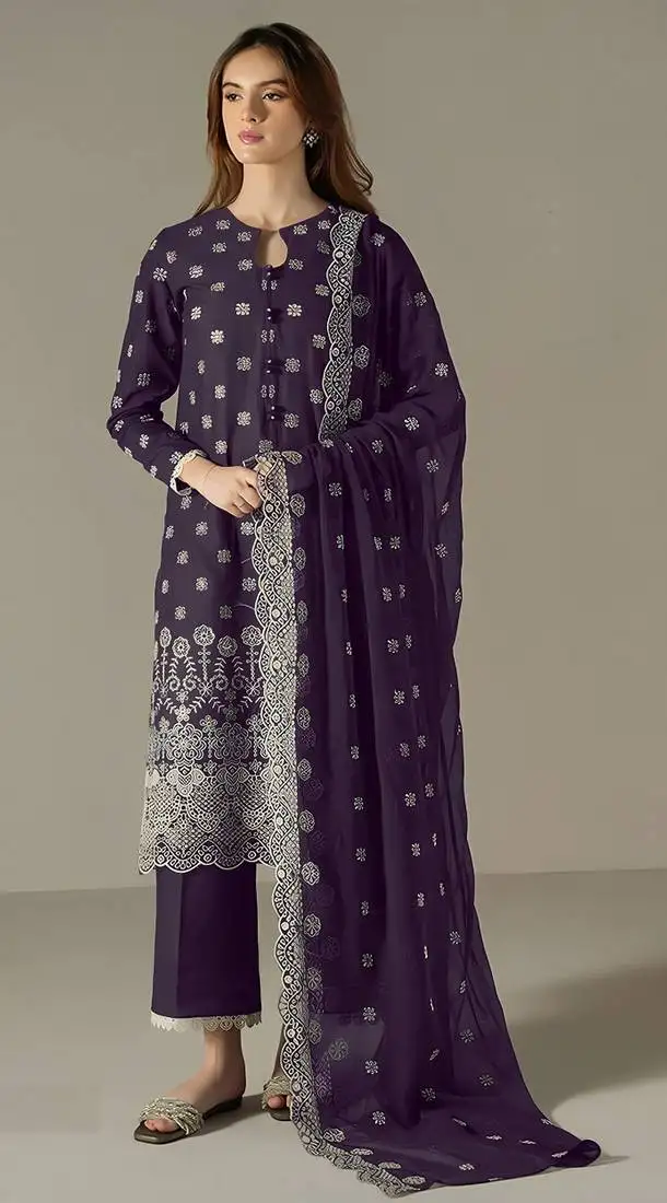 Dark purple embroidered faux georgette semi-pakistani salwar suit semi stitched