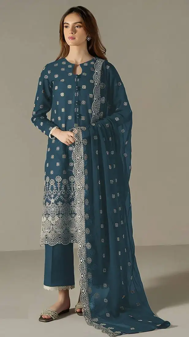 Blue embroidered faux georgette semi-pakistani salwar suit semi stitched