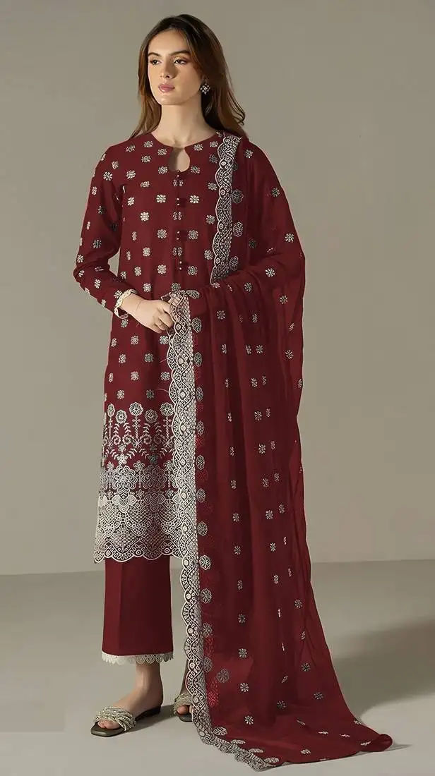 Red embroidered faux georgette semi-pakistani salwar suit semi stitched