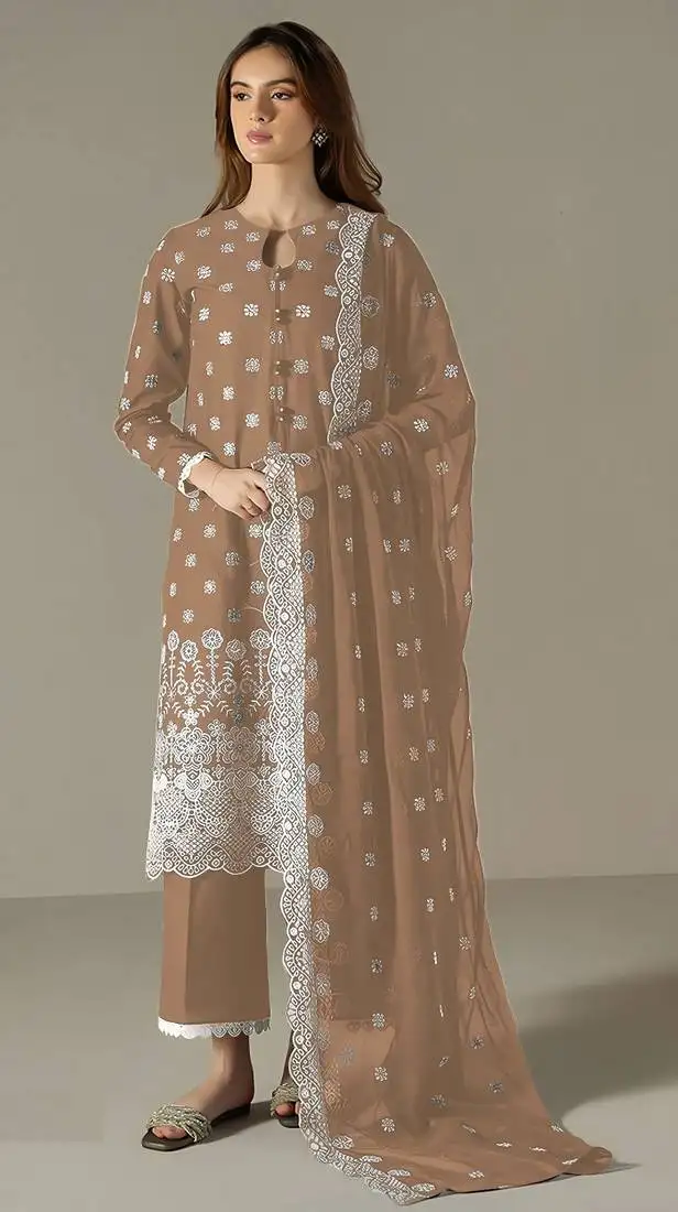 Brown embroidered faux georgette semi-pakistani salwar suit semi stitched