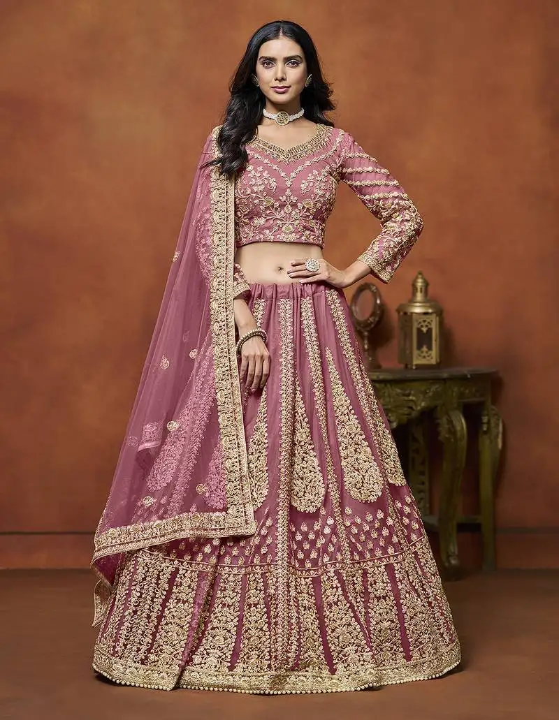 Dusty pink embroidered zari sequins coading net lehenga