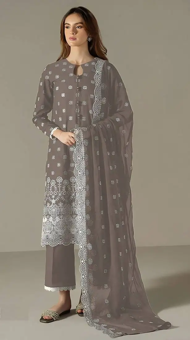 Grey embroidered faux georgette semi-pakistani salwar suit semi stitched