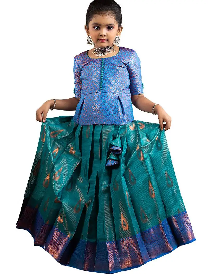 Green copper drops banarasi elbow sleeve pattu pavadai | langa for girls