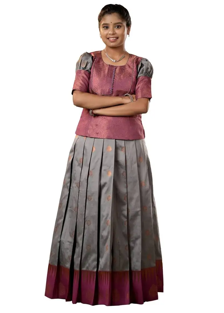 Grey copper magizham banarasi elbow sleeve pattu pavadai for girls