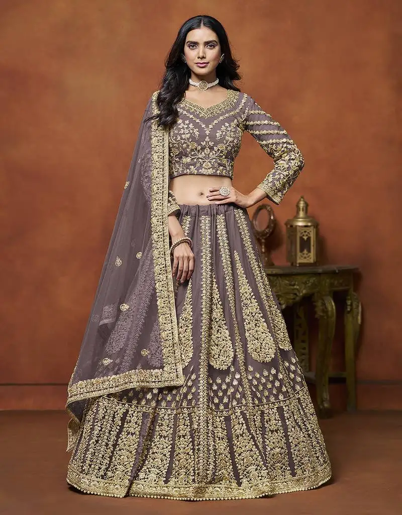 Light purple embroidered zari sequins coading net lehenga