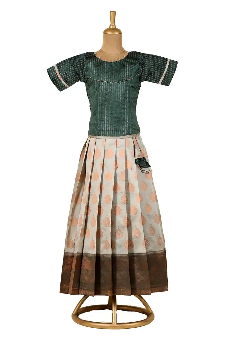 White copper pendant banarasi elbow sleeve pattu pavadai | langa for girls