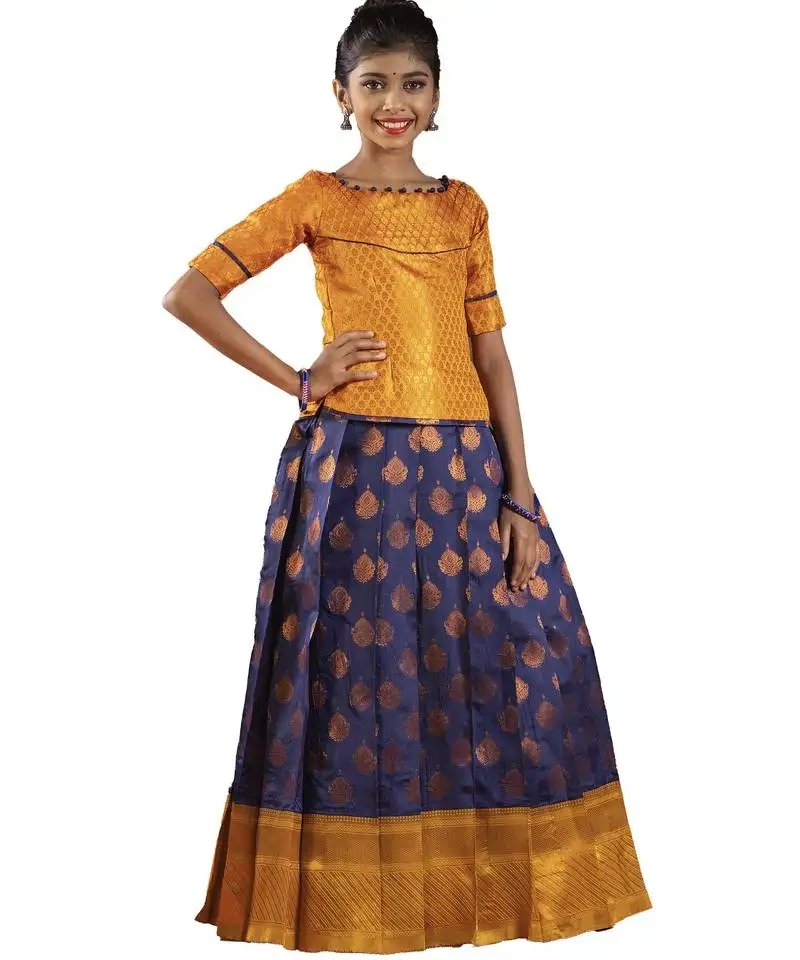Navy blue copper pendant banarasi elbow sleeve pattu pavadai | langa for girls