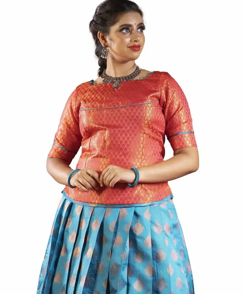 Girls sky blue copper pendant banarasi elbow sleeve pattu pavadai | langa