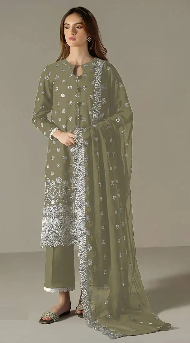 Green embroidered faux georgette semi-pakistani salwar suit semi stitched