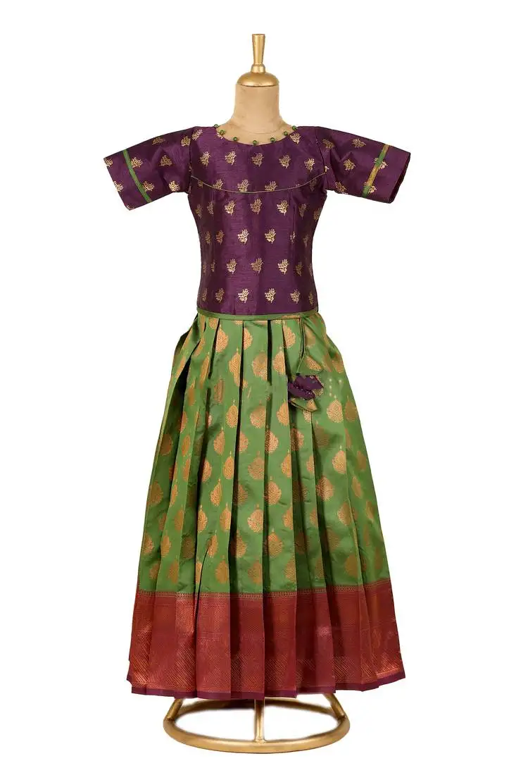 Green copper pendant banarasi elbow sleeve pattu pavadai | langa for girls