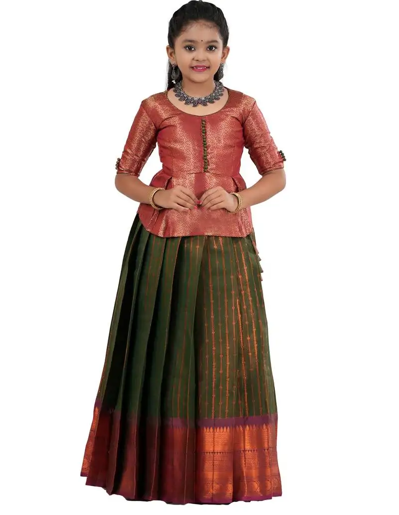 Dark green copper rail banarasi elbow sleeve pattu pavadai for girls