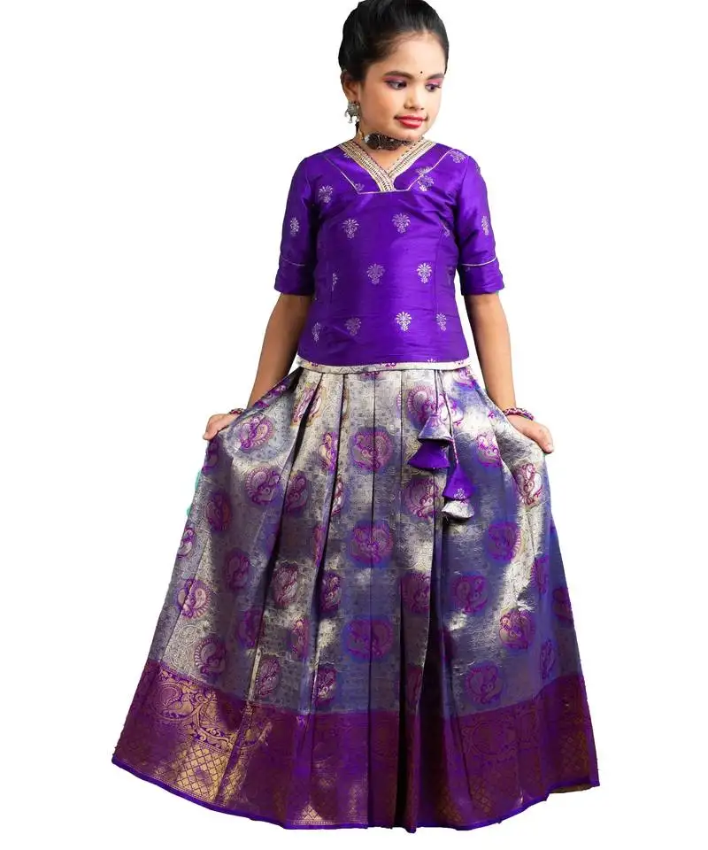 Girls purple dancing annam banarasi elbow sleeve pattu pavadai langa
