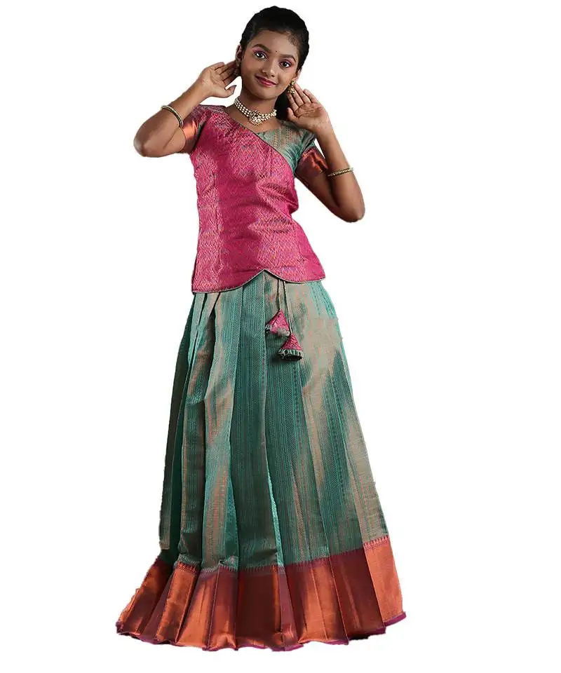 Ramer green copper silk banarasi short sleeve pattu pavadai for girls