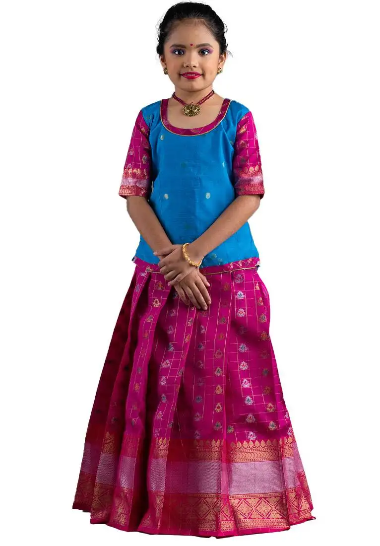 Girls pink diamond tulips banarasi elbow sleeve pattu pavadai