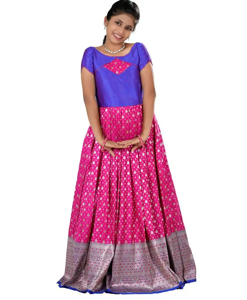 Pink satin floating peacock banarasi short sleeve long gown for girls