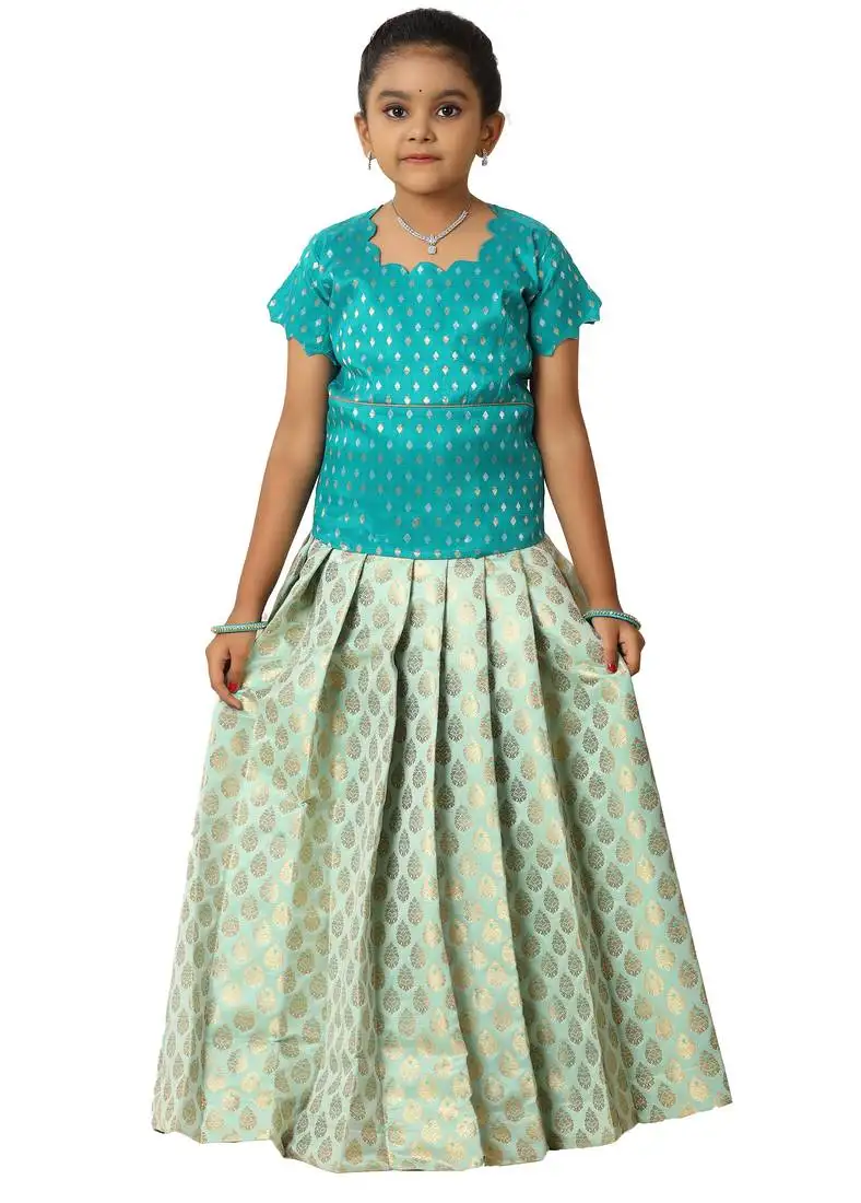 Sky blue floral drops banarasi short sleeve pattu pavadai collections for kids and girls