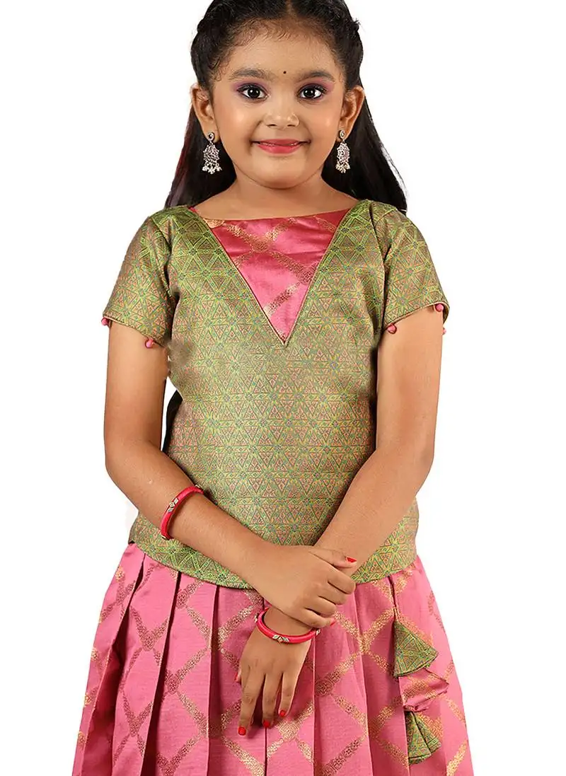 Pink golden vector banarasi short sleeve pattu pavadai for girls