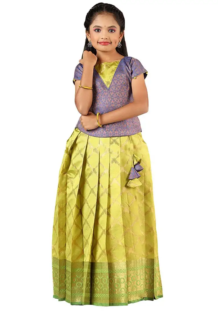 Green golden banarasi short sleeve pattu pavadai for girls