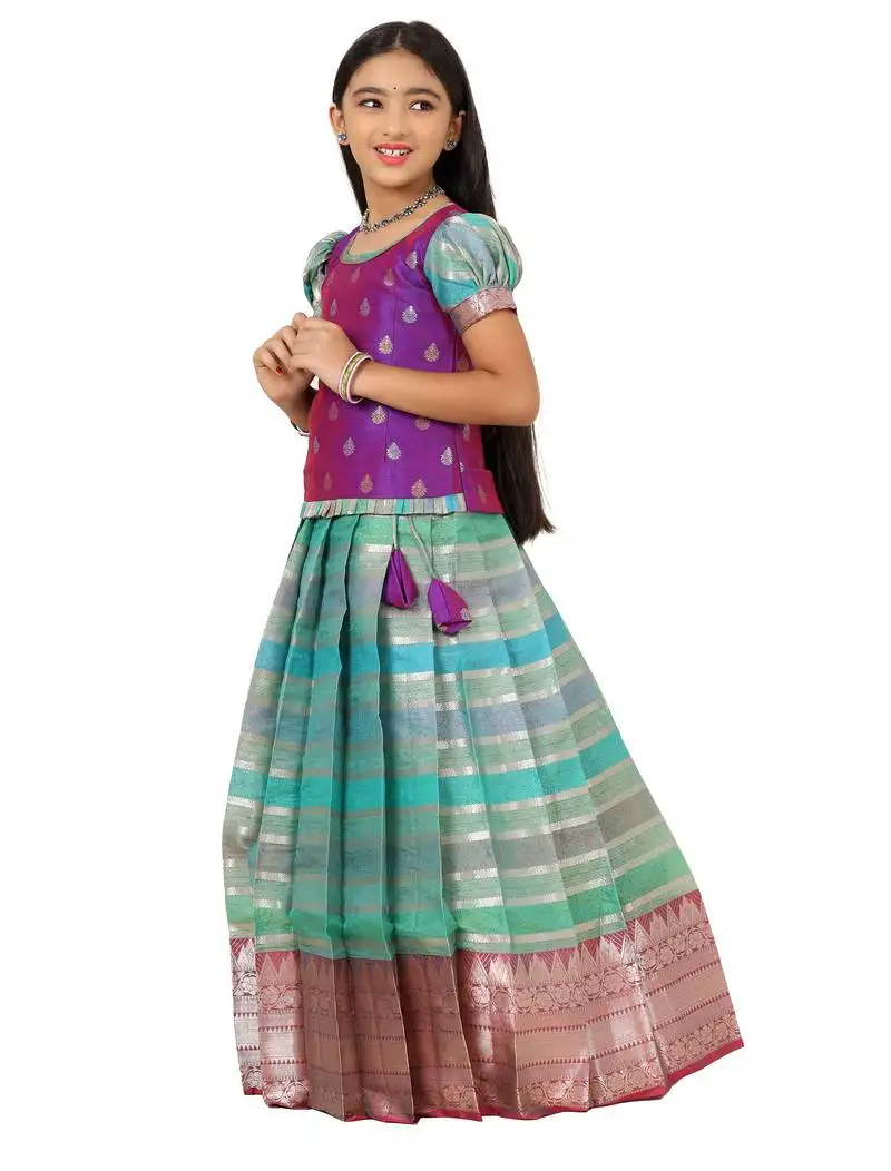 Green mountain green banarasi short sleeve pattu pavadai for girls