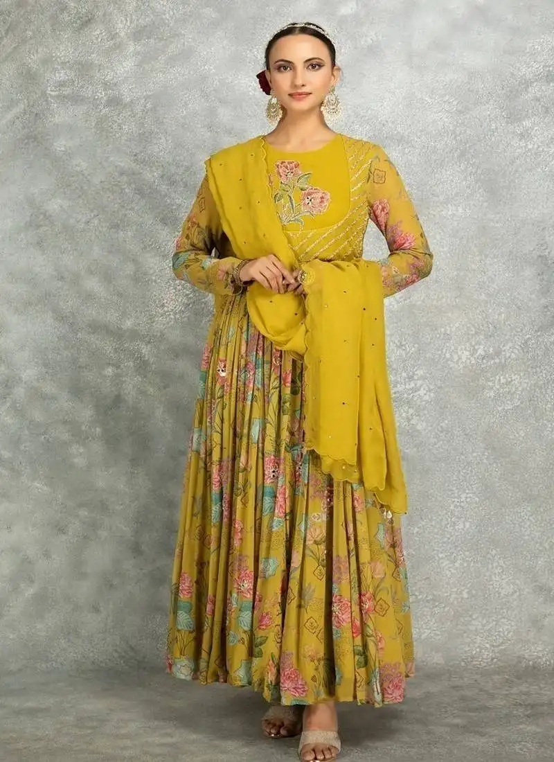 Mustard yelow floral printed georgette anarkali with scalloping dupatta set of 3 stitched