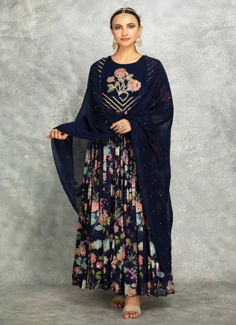 Blue floral printed georgette anarkali with scalloping dupatta set of 3 stitched