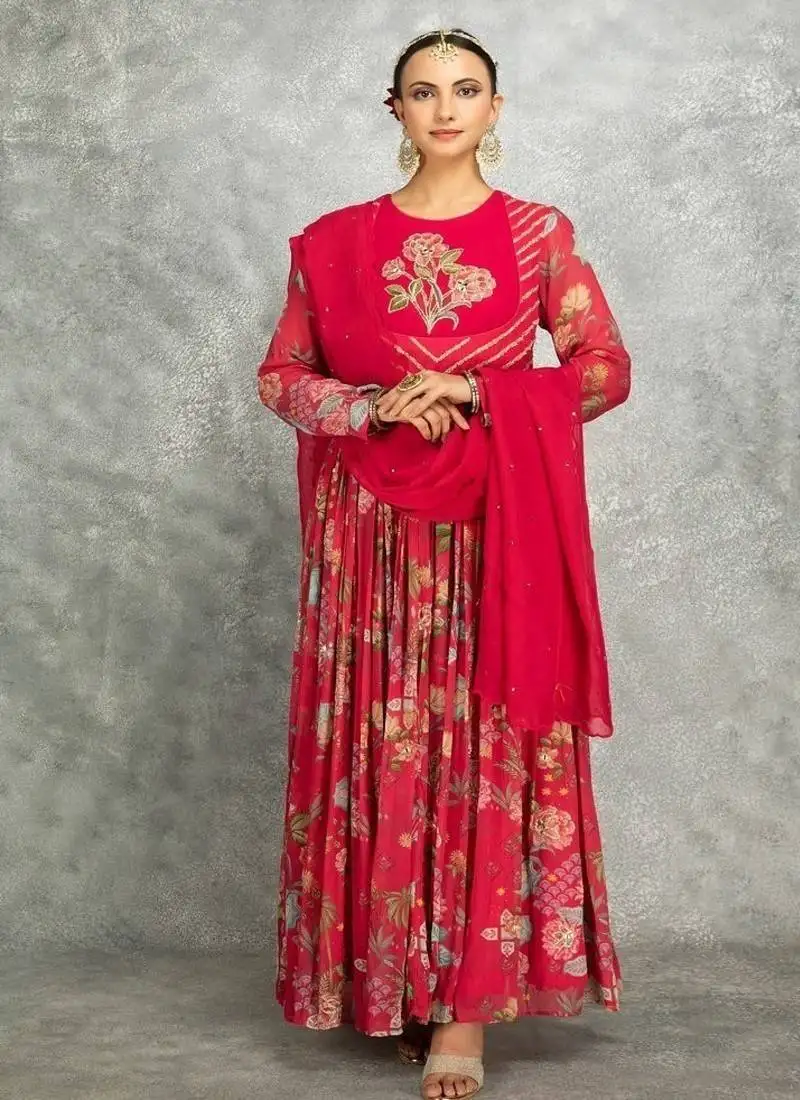 Hot pink floral printed georgette anarkali with scalloping dupatta set of 3 stitched