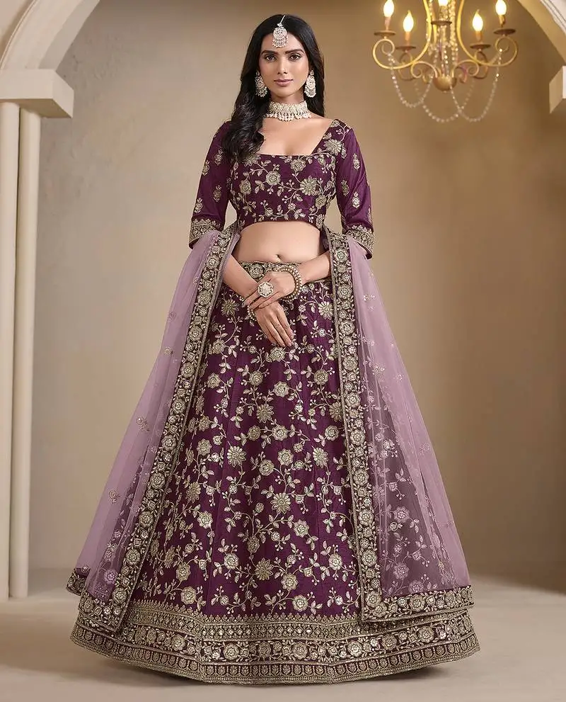 Wine embroidered zari sequins art silk lehenga