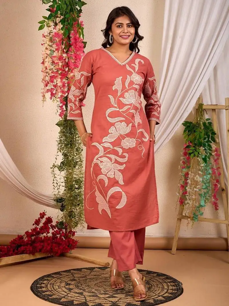 Alloy red embroidered cotton kurta sets