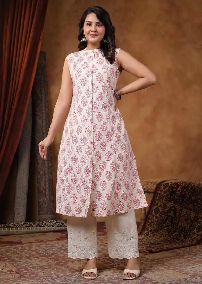 Crimson red printed cotton kurta sets