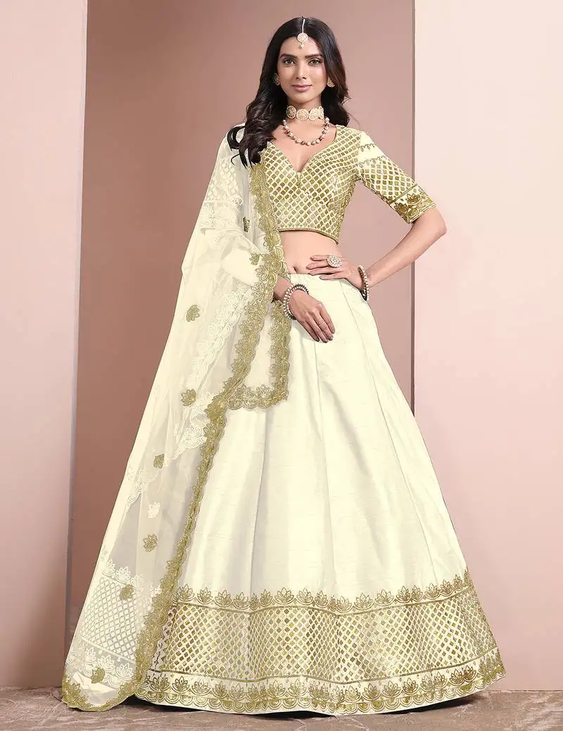 White embroidered zari sequins art silk lehenga