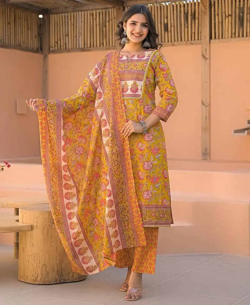 Amber dark yellow printed cotton kurta sets