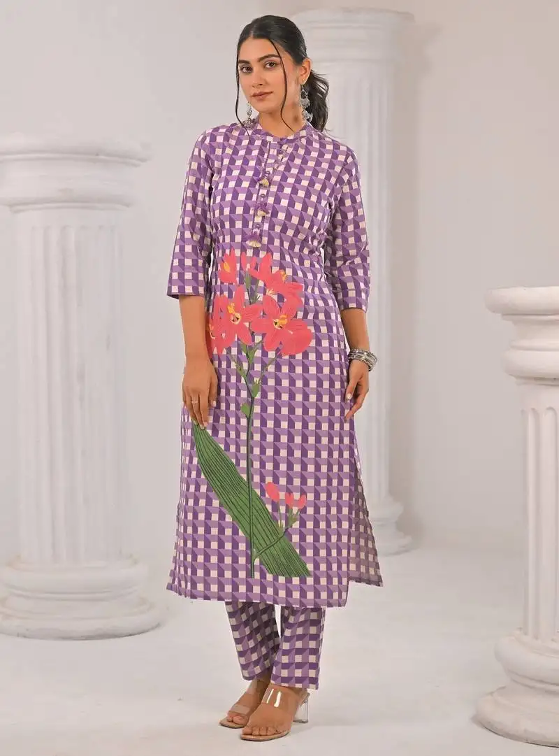 Lilies purple printed cotton kurta sets