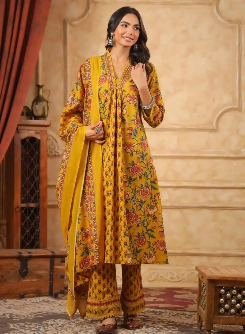 Marigold dark yellow printed cotton kurta sets