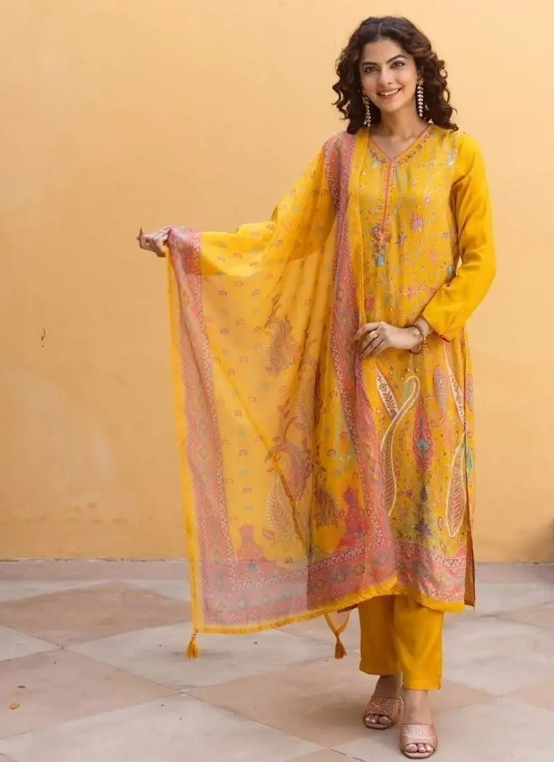Amber light yellow embroidered blended kurta sets