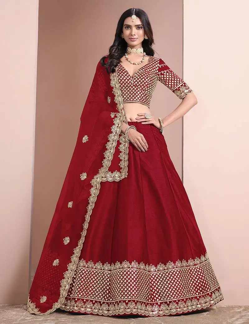 Red embroidered zari sequins art silk lehenga