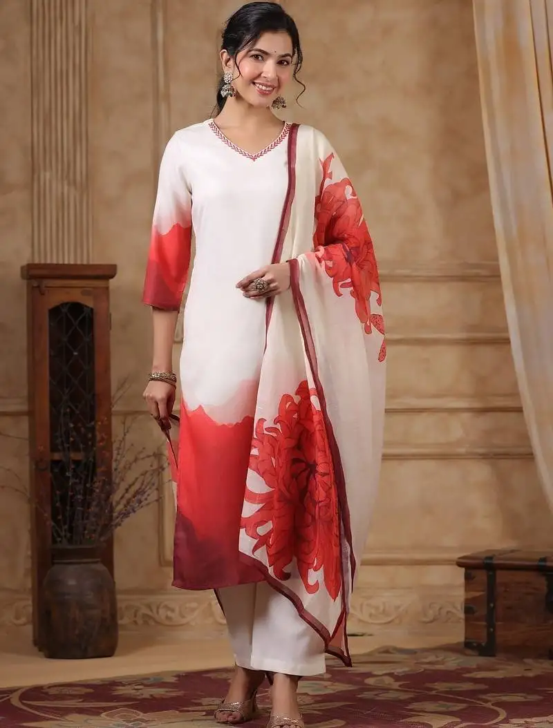 Crimson dark white printed cotton kurta sets