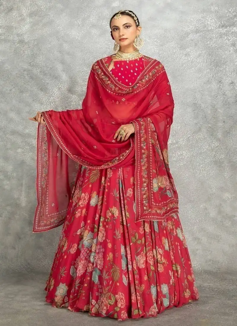 Hot pink floral printed lehenga with embroidered blouse & dupatta