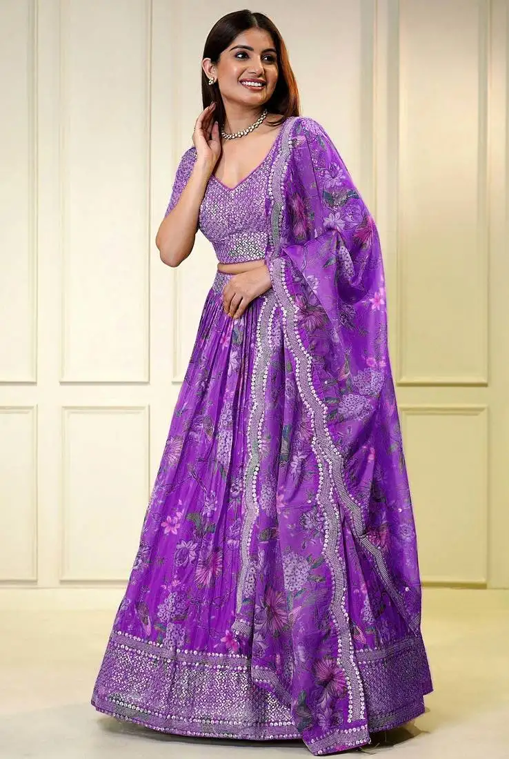 Digital print georgette sequin work lehenga choli with unstitched blouse and dupatta