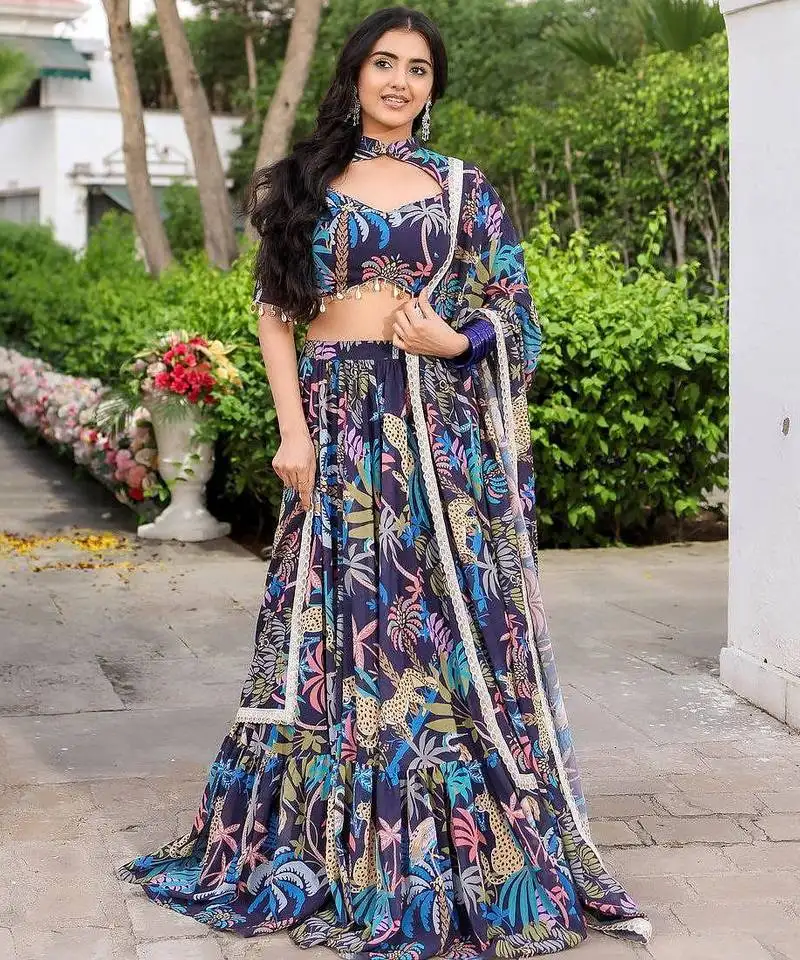 Digital print georgette sequin lacework lehenga choli with unstitched blouse and dupatta