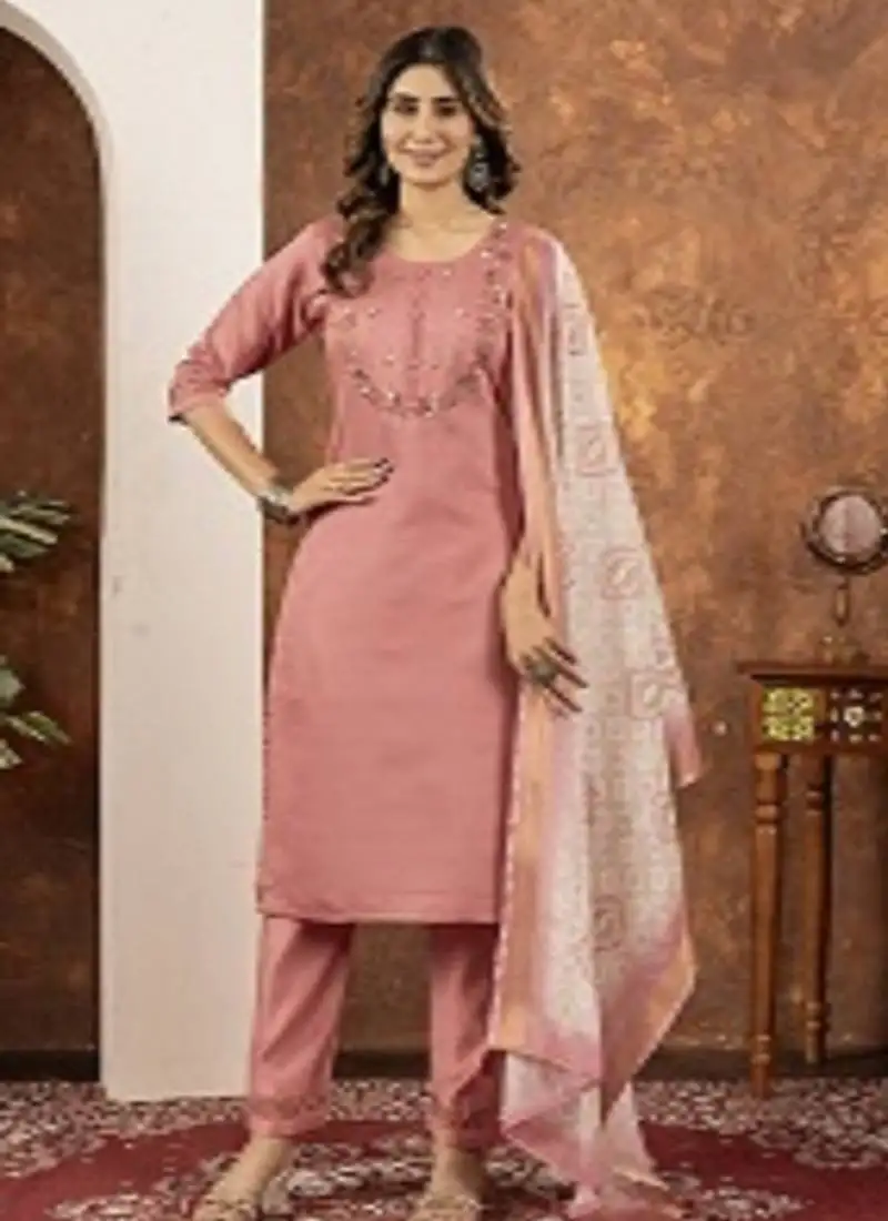 Peach colour with embrodiery work marin silk stitch for women