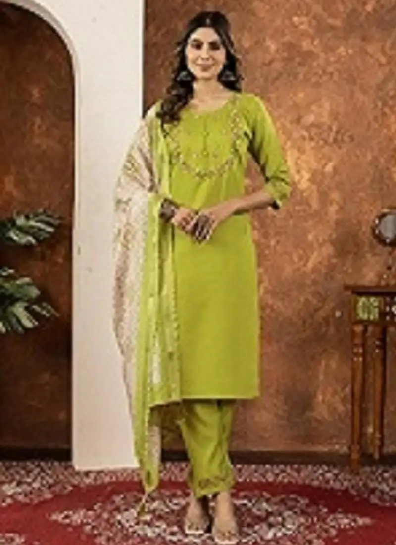 Parrot green colour with embrodiery work marin silk stitch for women