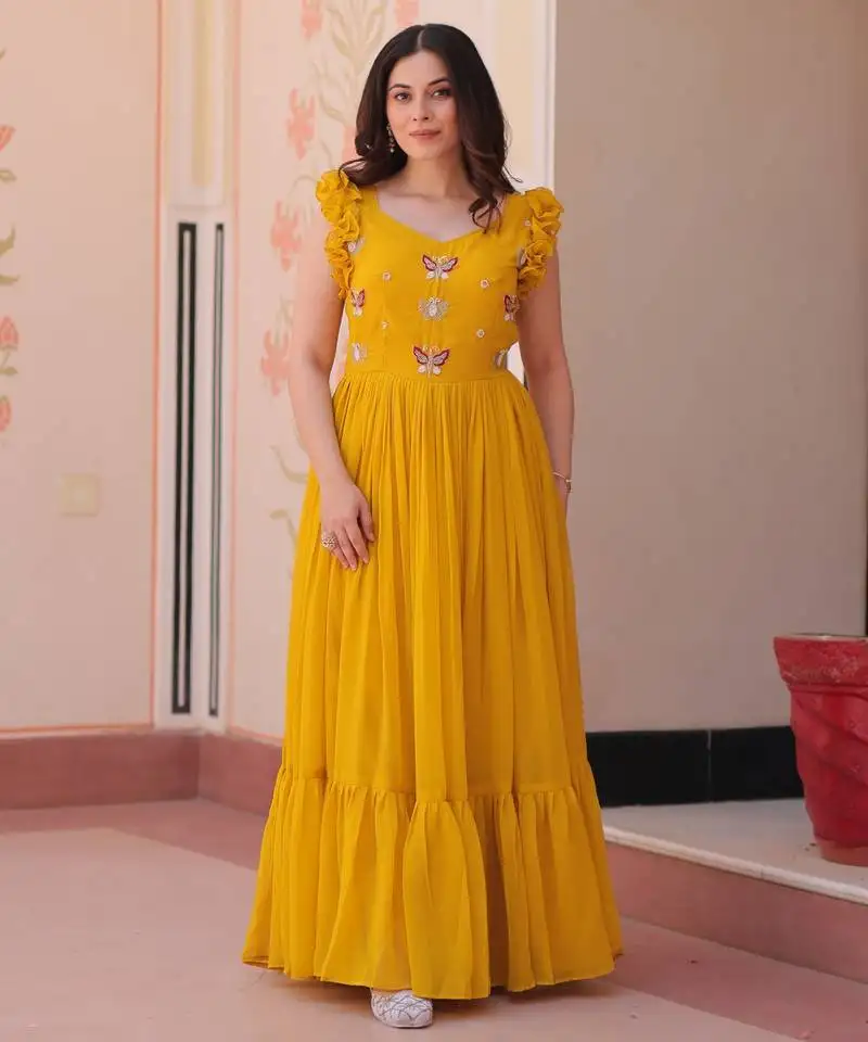 Yellow faux blooming with sequins multi threaded beads embroidered work gown stitched