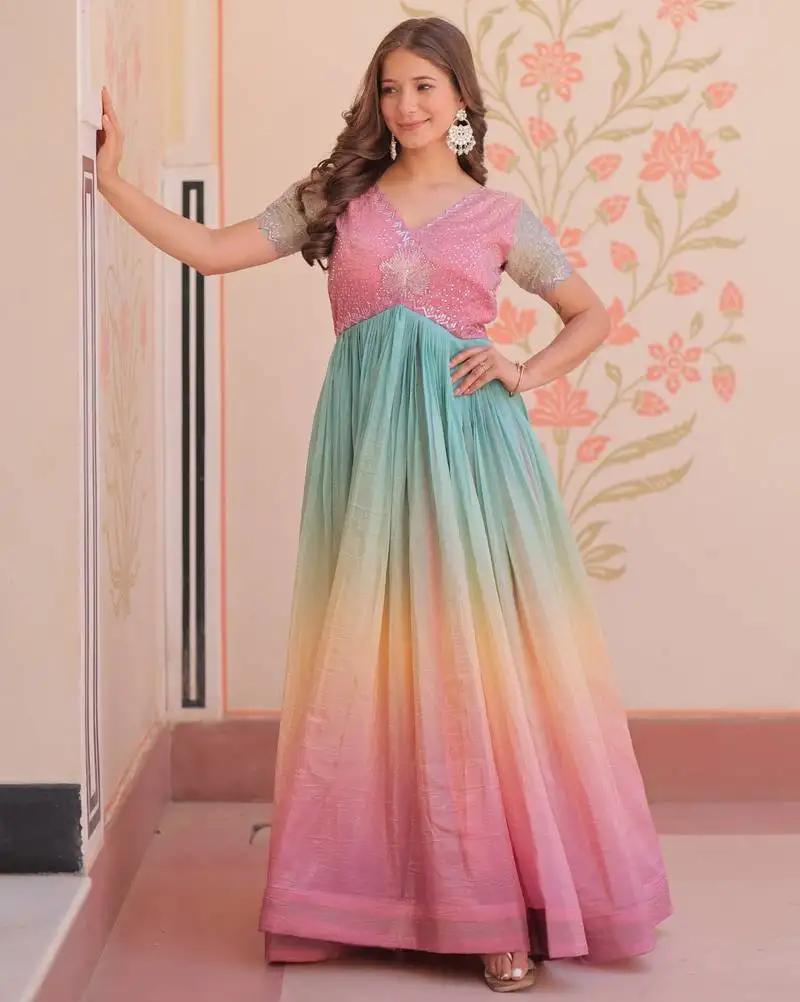 Lavender gold crush padding with beads embroidered work gown stitched