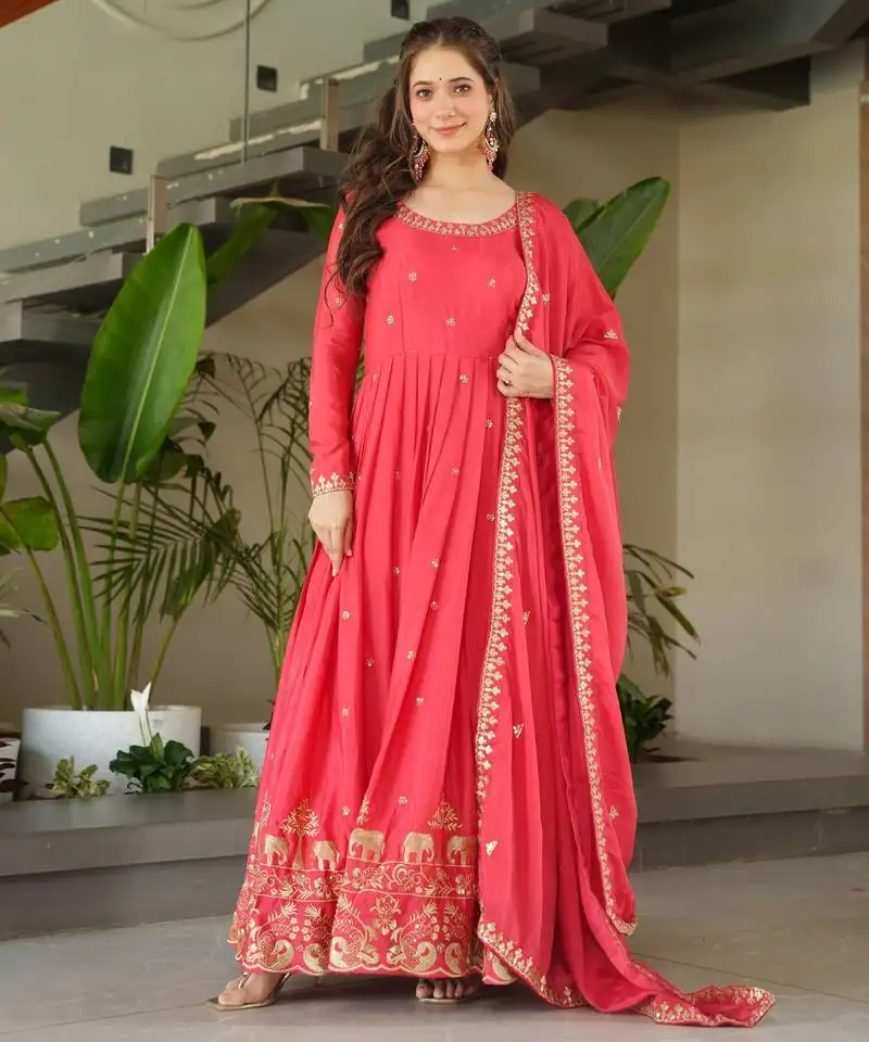 Gajri chinnon with embroidery zari sequins work gown stitched