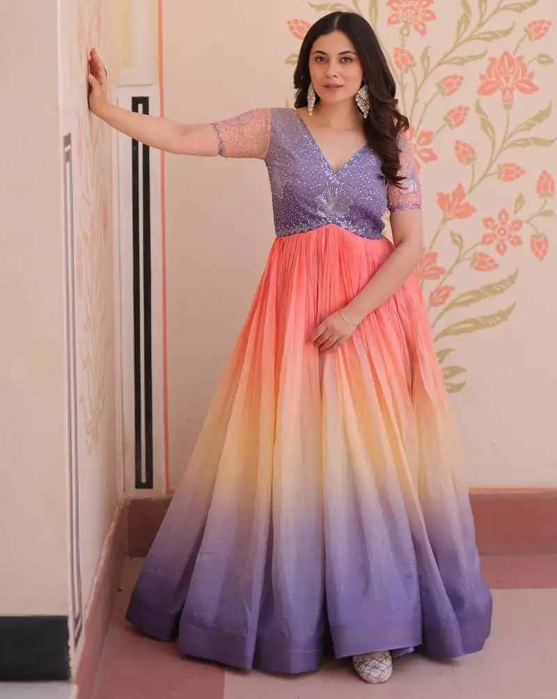 Multicolor gold crush padding with beads embroidered work gown stitched