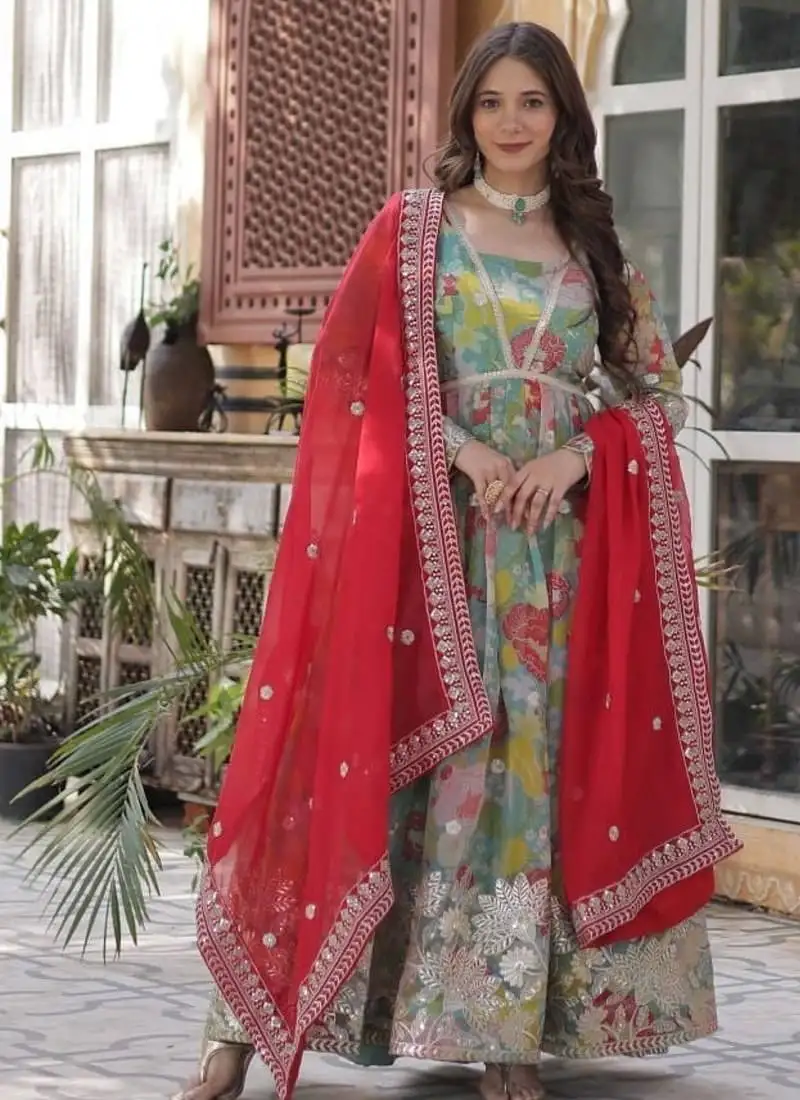 Multicolor russian silk foil embroidery with zari sequins & digital printed gown dupatta stitched