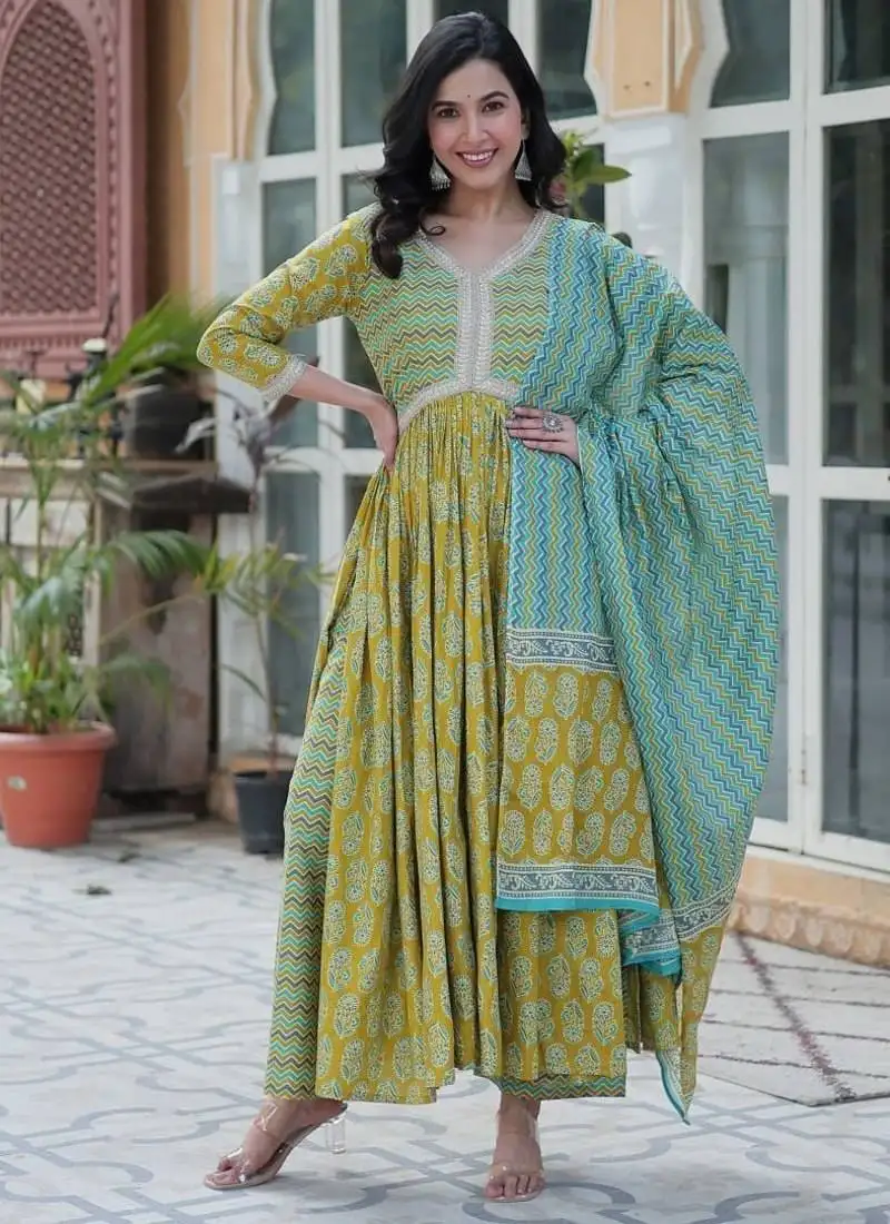Light mustard cotton printed top with pant & dupatta set stitched