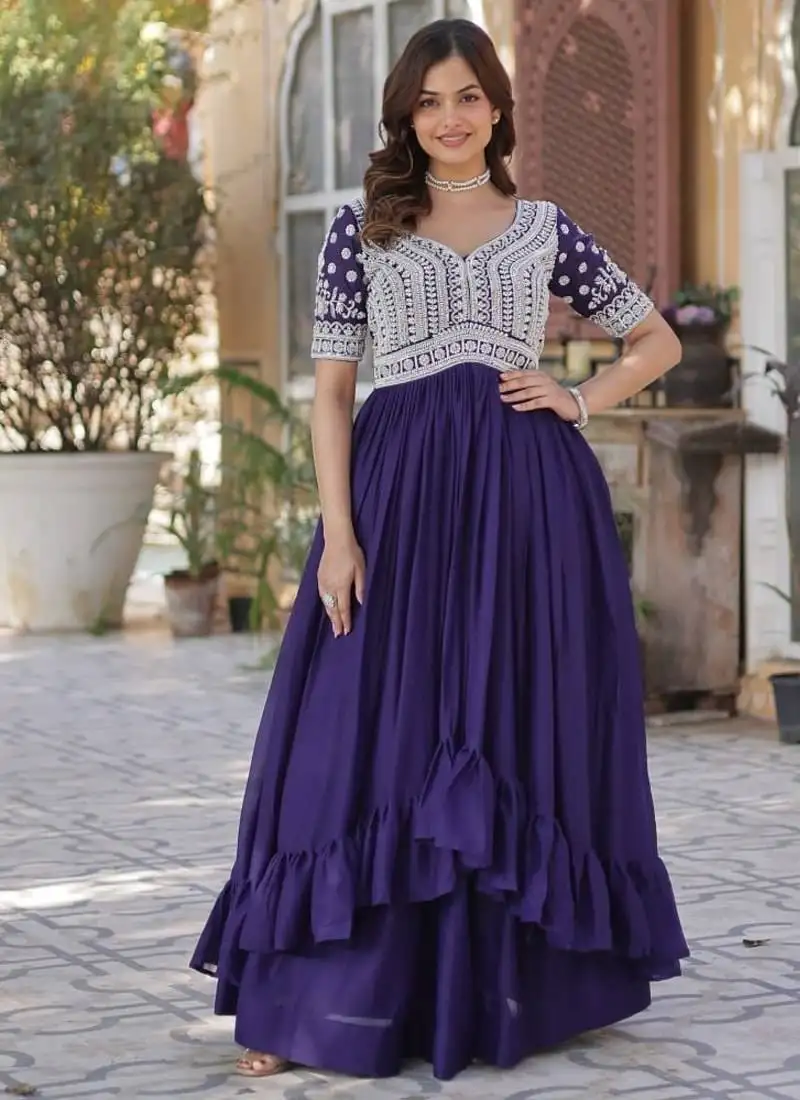 Blue georgette with embroidery beads sequins work fancy skirt kurti stitched