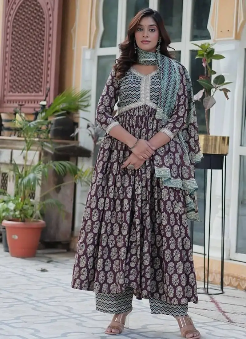 Wine pure cotton printed top with pant & dupatta set stitched