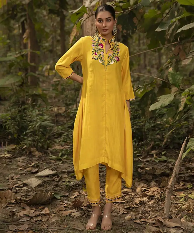Yellow chanderi silk plain kurta and pant with neck embroidery